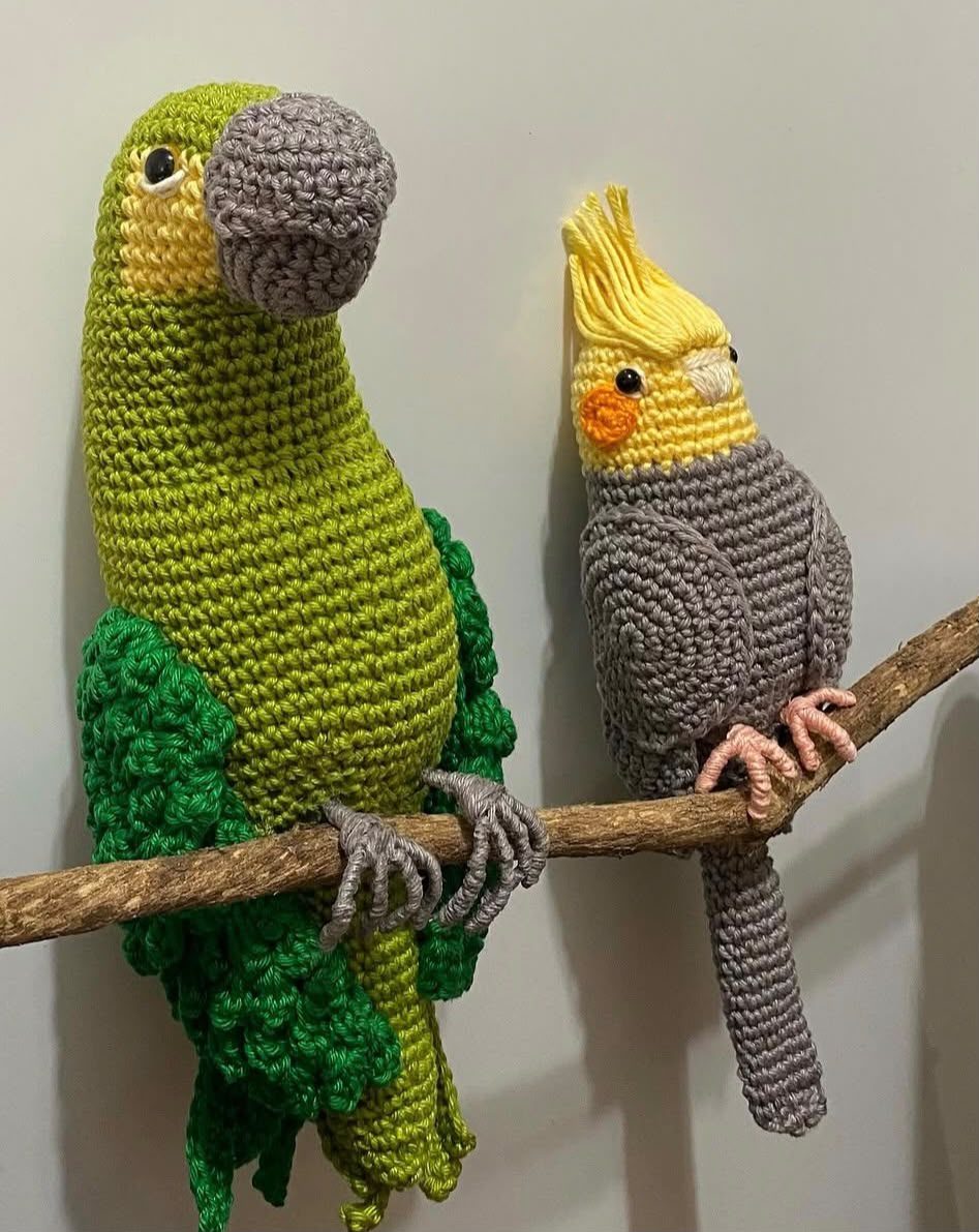 Arara verde e calopsita em crochê, apoiadas em um galho natural.